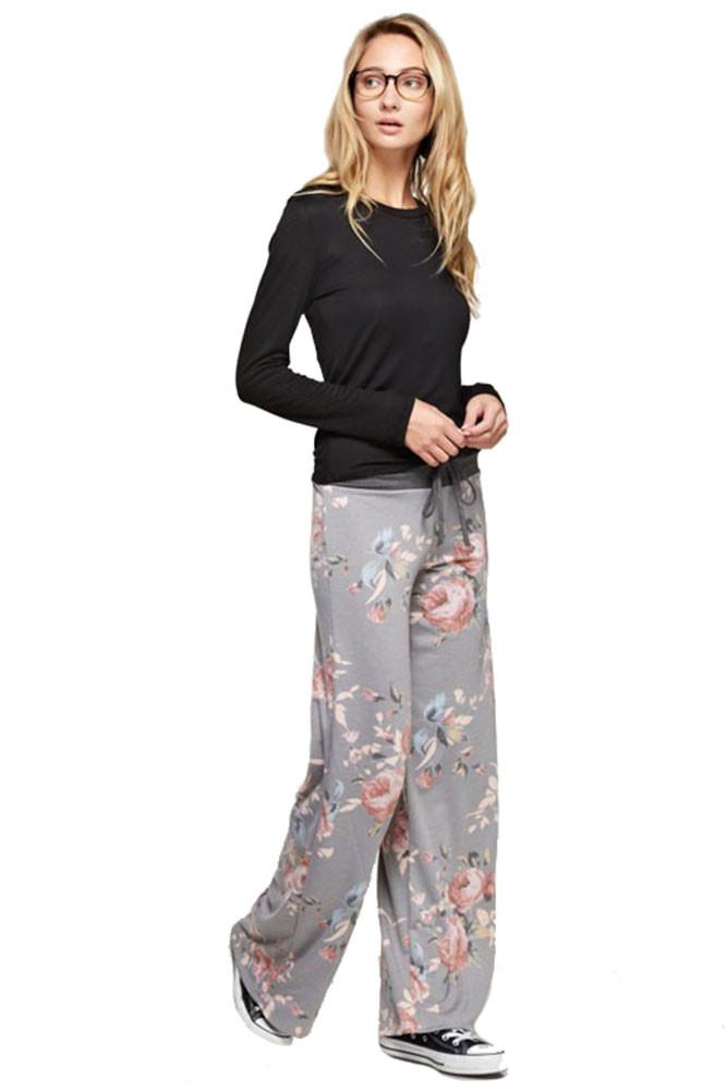 Floral Rose Casual Lounge Pants in Grey pants- Niobe Clothing