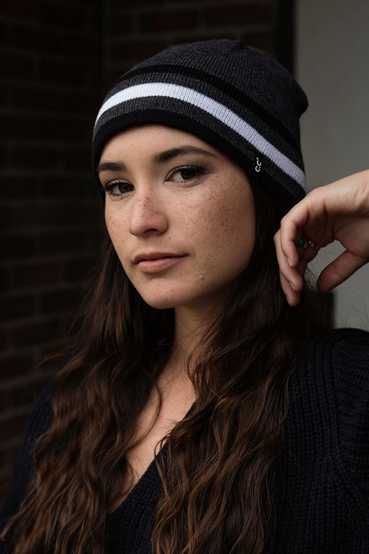 C.C. Skull Cap Striped Trim Reversible Beanie - Hats