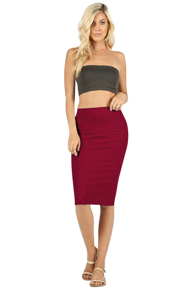 Zenana Cotton High Waist Fitted Midi Pencil Skirt - Skirts sb_bottoms