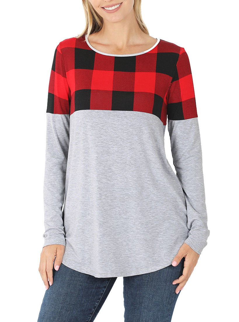 Zenana Plaid Colorblock Long Sleeve Shirt - Tunics sb_tops