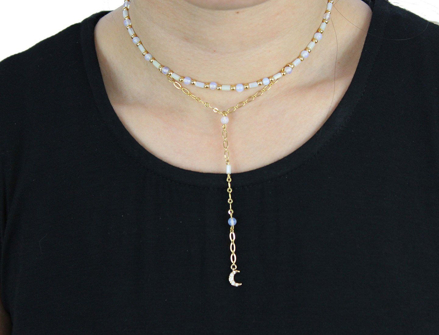 Ettika Love Me Lariat Choker in Opal and Gold with Moon - Necklace