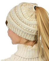 C.C. Metallic Messy Bun Ponytail Beanie - Hats