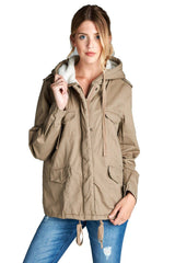 Faux Fur-Lined Contrast Anorak Parka Jacket in Khaki Jackets- Niobe Clothing