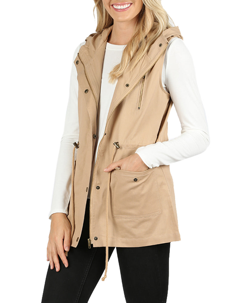 Zenana Sleeveless Utility Hoodie Military Vest - Vests sb_outerwear