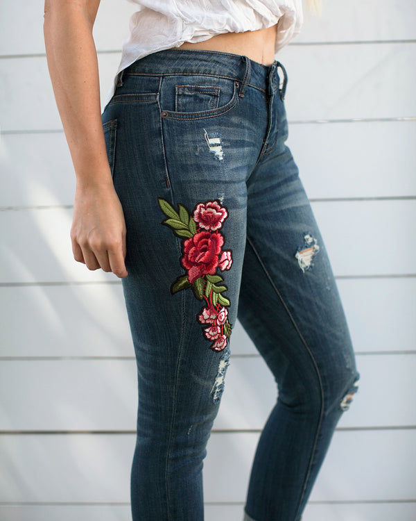 Capri Jeans with Embroidered Rose Accent pants- Niobe Clothing
