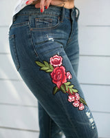 Capri Jeans with Embroidered Rose Accent pants- Niobe Clothing