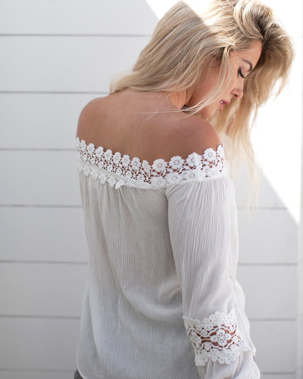 Hummingbird Off The Shoulder Floral Lace Accent Top - f_tops