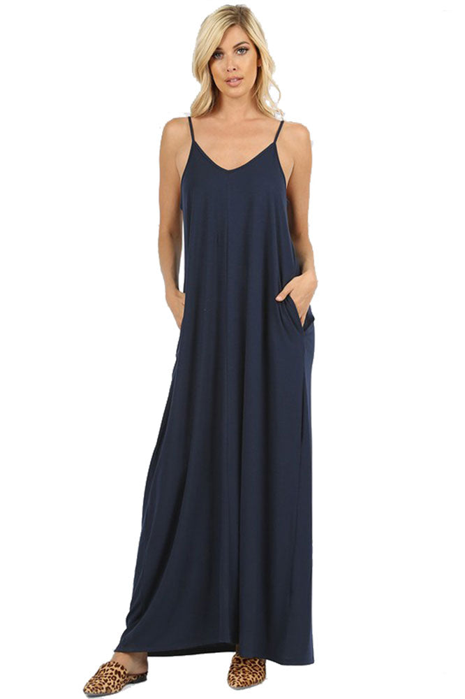 Zenana V-Neck Cami Spaghetti Strap Maxi Dress - Dresses sb_dresses