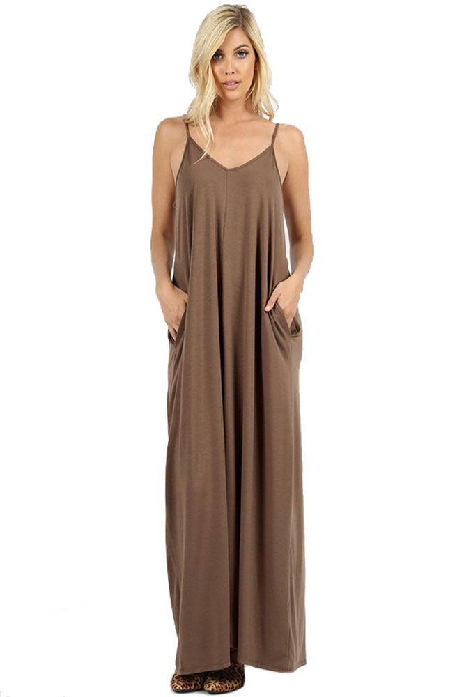Zenana V-Neck Cami Spaghetti Strap Maxi Dress - Dresses sb_dresses
