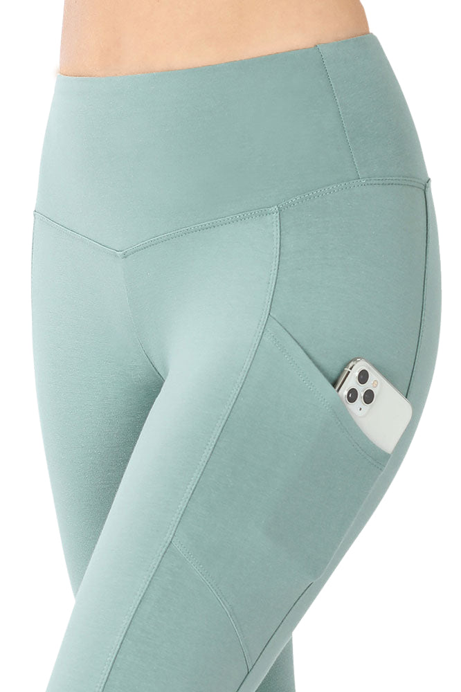 Zenana High Waist Solid Cotton Yoga Pants Work Out Leggings w/Pockets - Leggings sb_bottoms