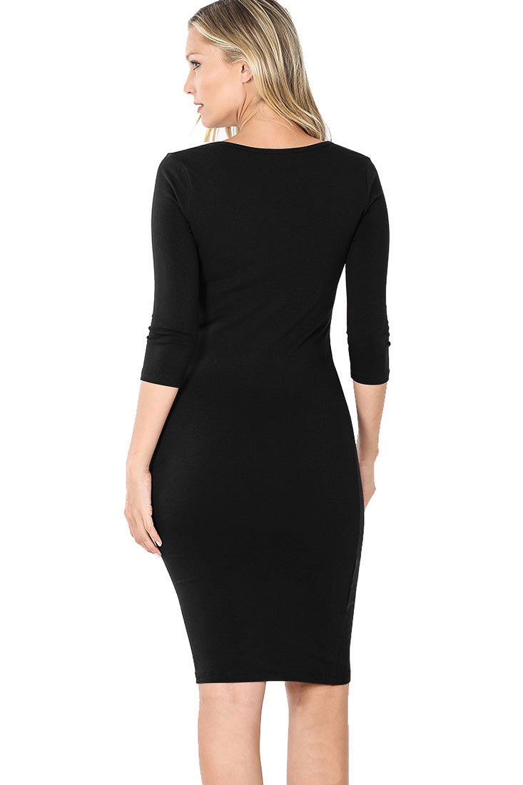 Zenana Cotton 3/4 Sleeve Bodycon Fitted Knee Length Midi Dress - Dresses sb_dresses