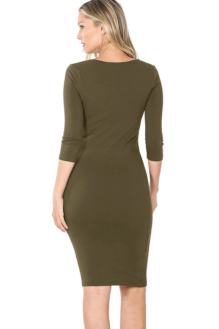 Zenana Cotton 3/4 Sleeve Bodycon Fitted Knee Length Midi Dress - Dresses sb_dresses