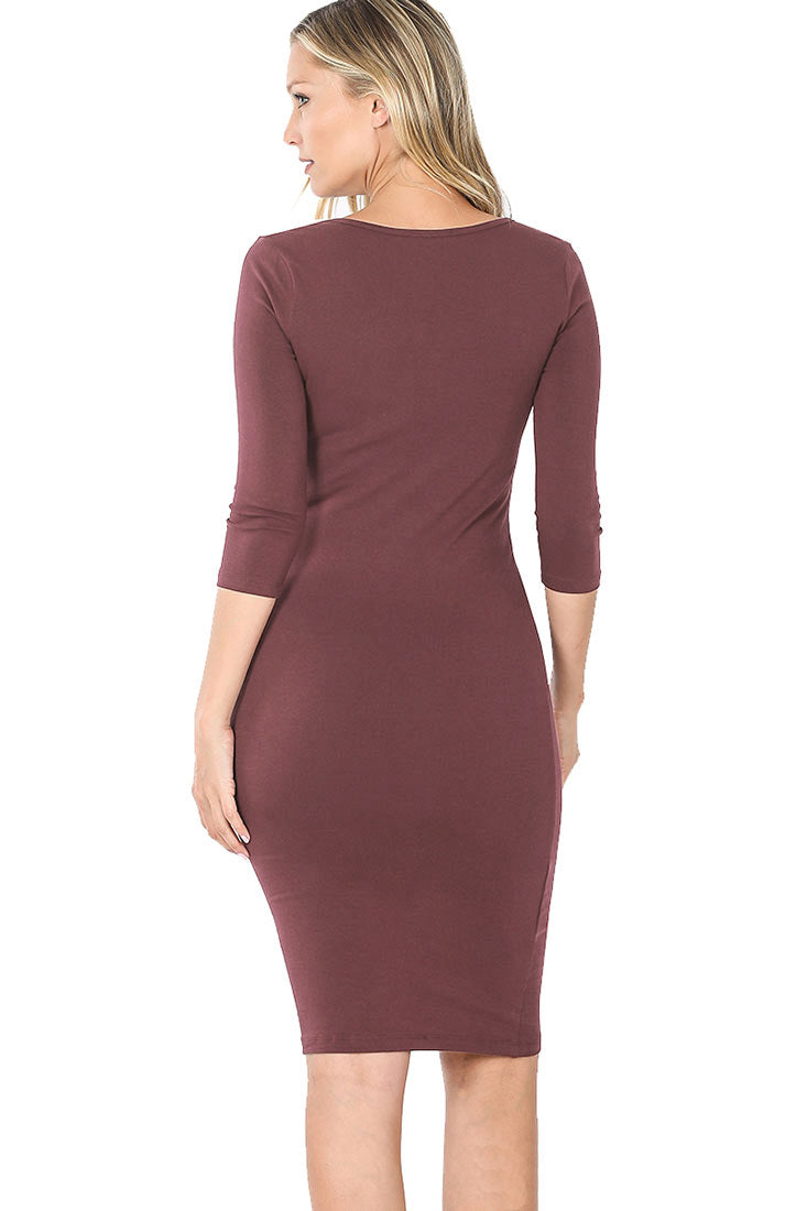 Zenana Cotton 3/4 Sleeve Bodycon Fitted Knee Length Midi Dress - Dresses sb_dresses