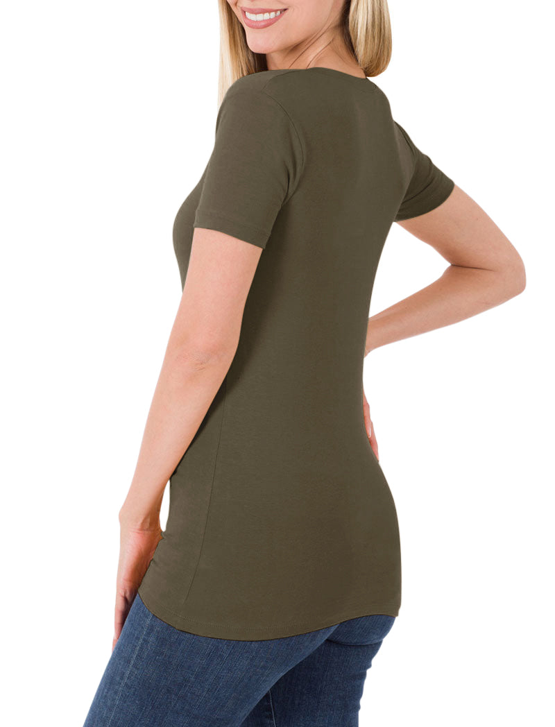 Cotton V-Neck Short Sleeve Long Tee Shirt