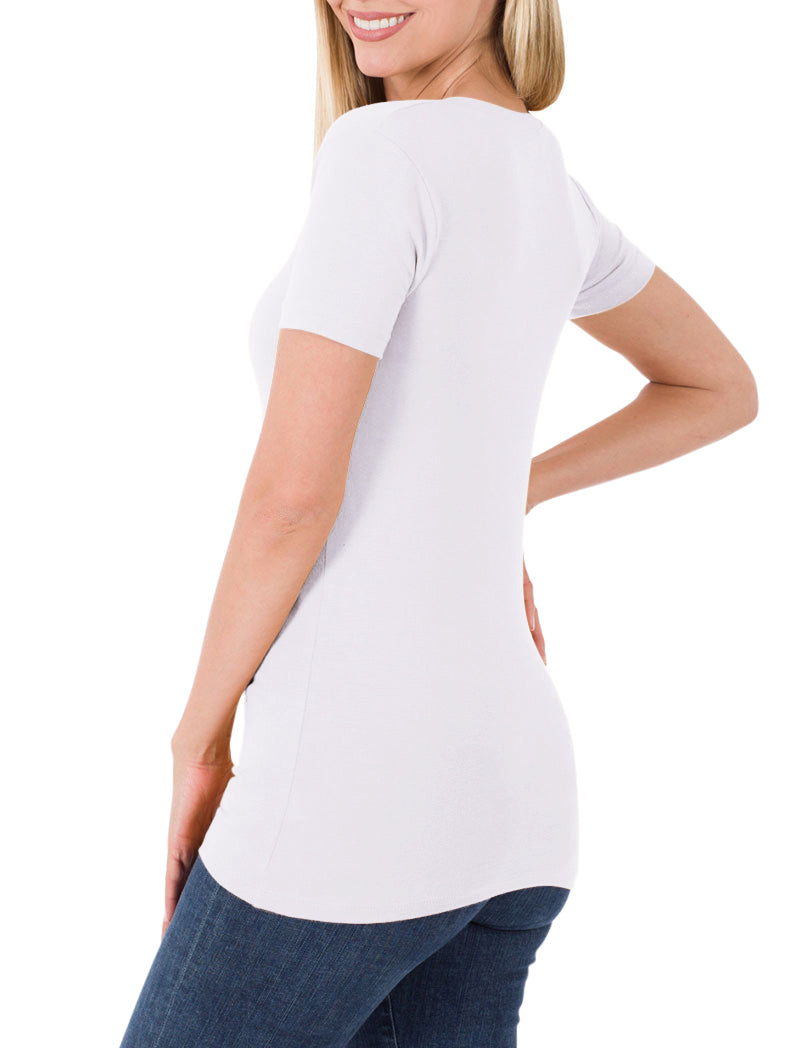 Zenana Cotton V-Neck Short Sleeve Long Tee Shirt - Shirts sb_tops