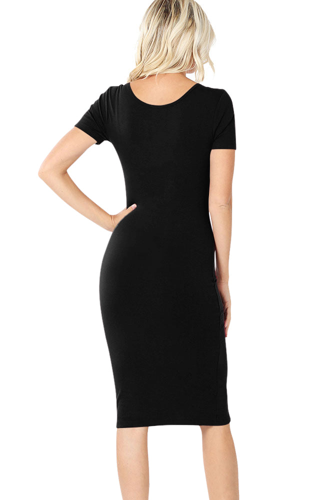 Zenana Cotton Short Sleeve Bodycon Fitted Knee Length Midi Dress - Dresses sb_dresses