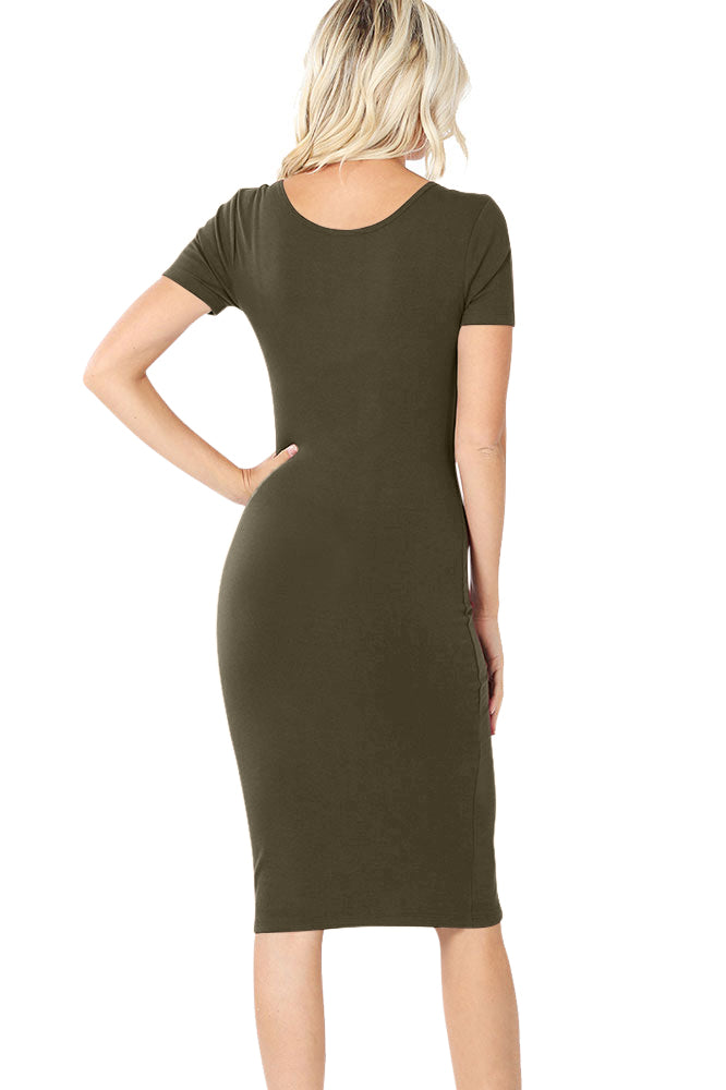 Zenana Cotton Short Sleeve Bodycon Fitted Knee Length Midi Dress - Dresses sb_dresses