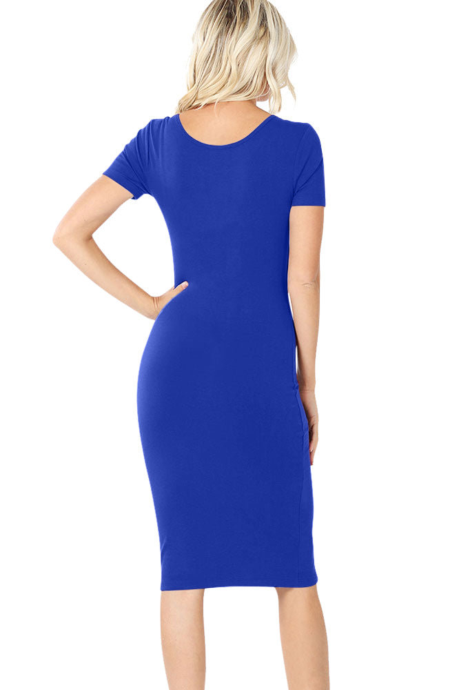 Cotton Short Sleeve Bodycon Fitted Knee Length Midi Dress