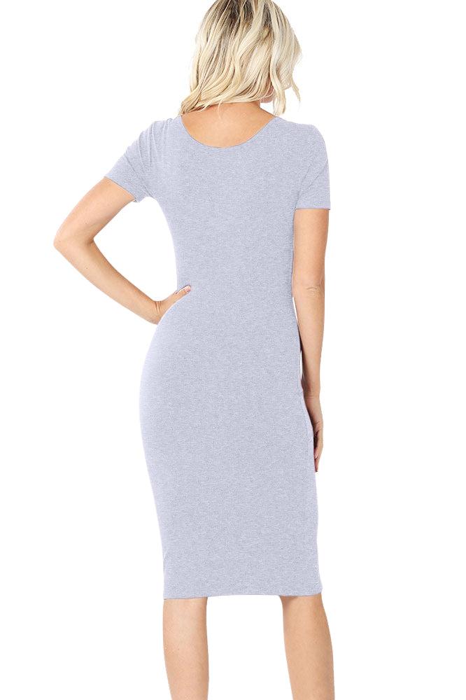 Zenana Cotton Short Sleeve Bodycon Fitted Knee Length Midi Dress - Dresses sb_dresses