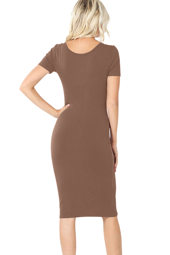 Zenana Cotton Short Sleeve Bodycon Fitted Knee Length Midi Dress - Dresses sb_dresses