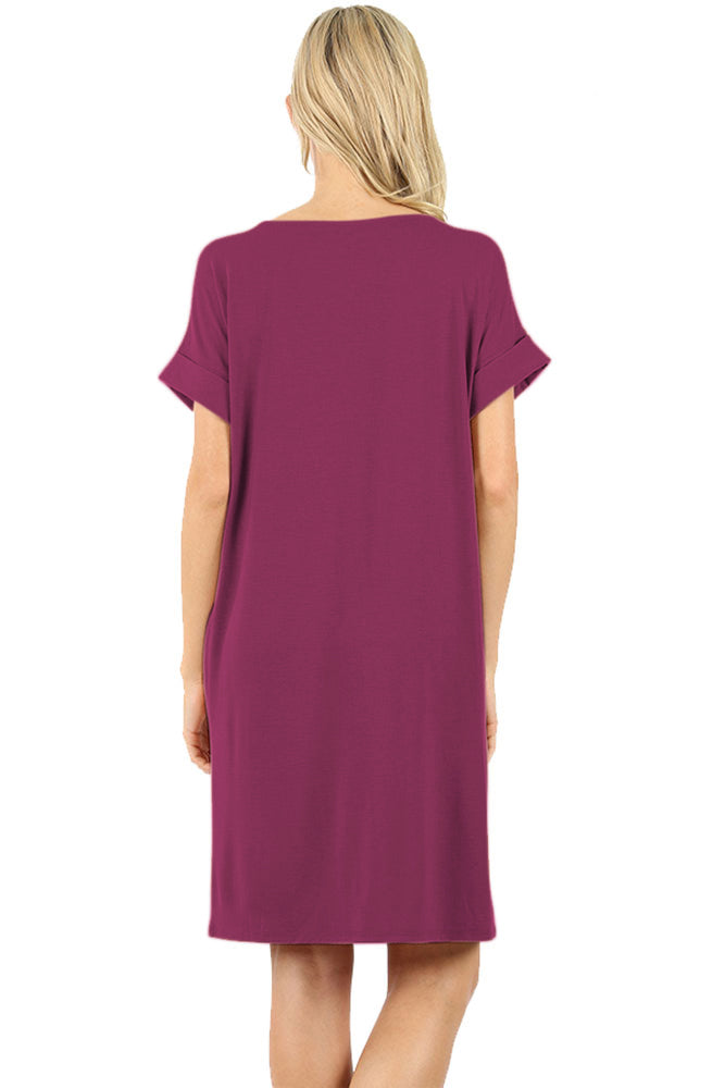 Zenana Rolled Short Sleeve Loose Tunic Shirt Dress - Tunics sb_dresses
