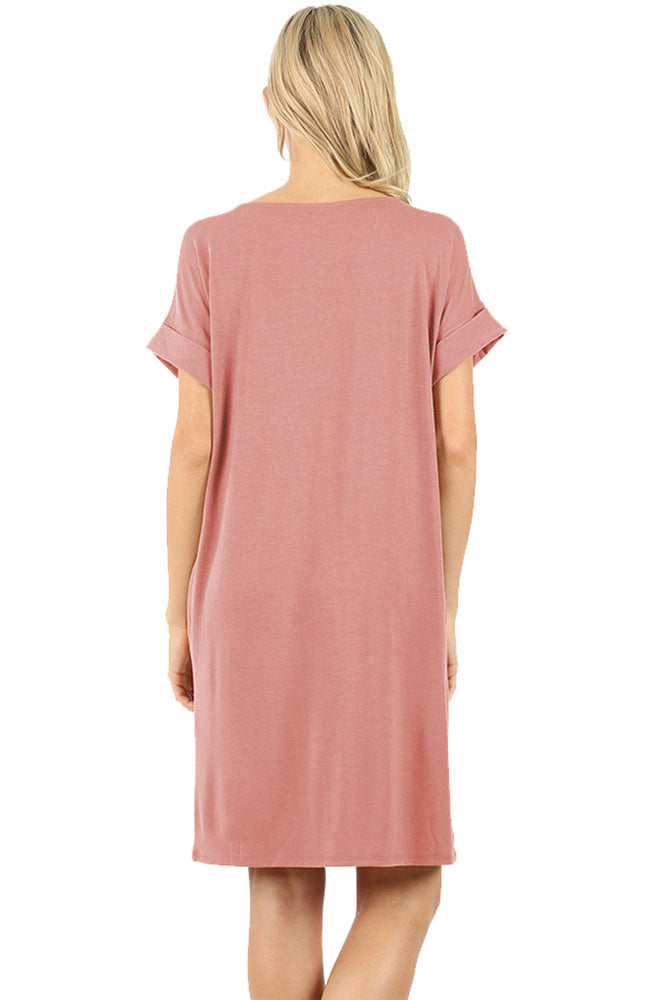 Rolled Short Sleeve Loose Tunic Shirt Dress