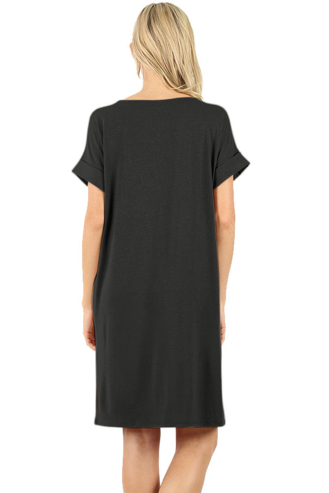 Rolled Short Sleeve Loose Tunic Shirt Dress