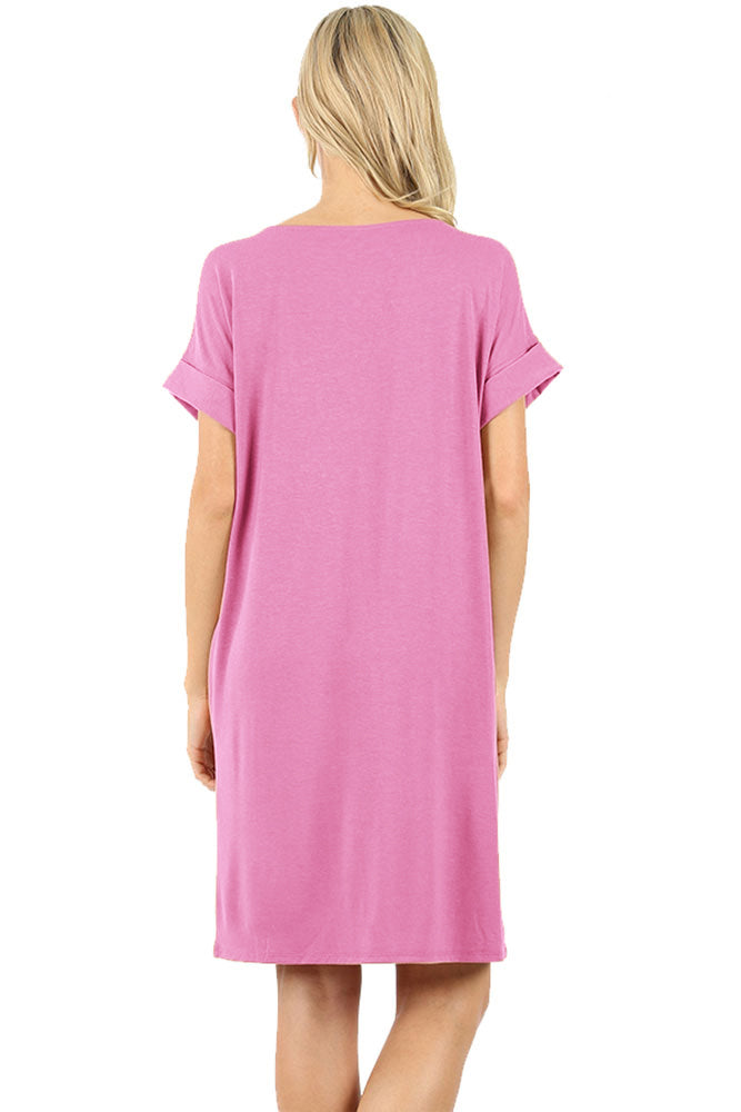 Zenana Rolled Short Sleeve Loose Tunic Shirt Dress - Tunics sb_dresses