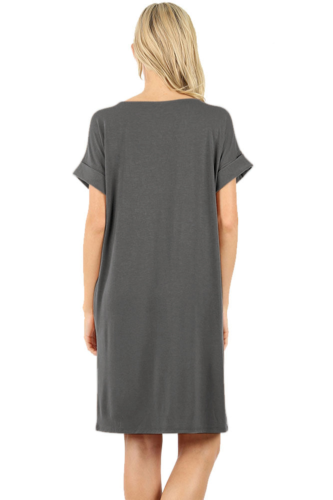 Zenana Rolled Short Sleeve Loose Tunic Shirt Dress - Tunics sb_dresses