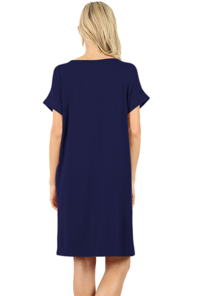 Zenana Rolled Short Sleeve Loose Tunic Shirt Dress - Tunics sb_dresses