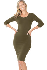 Cotton 3/4 Sleeve Bodycon Fitted Knee Length Midi Dress
