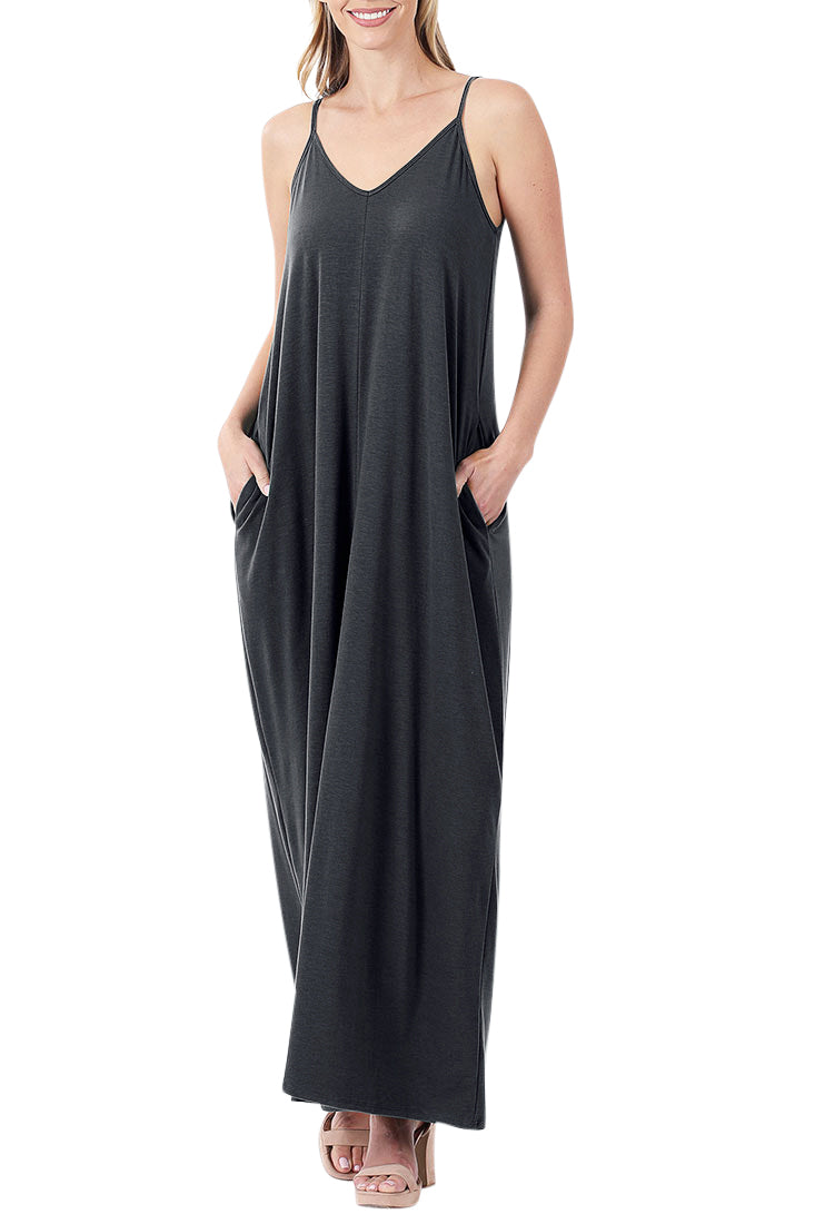 Zenana V-Neck Cami Spaghetti Strap Maxi Dress - Dresses sb_dresses