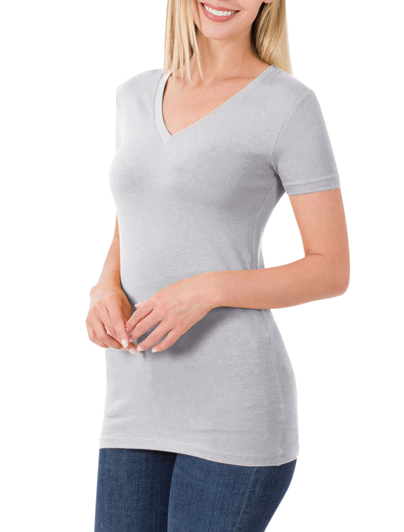 Zenana Cotton V-Neck Short Sleeve Long Tee Shirt - Shirts sb_tops