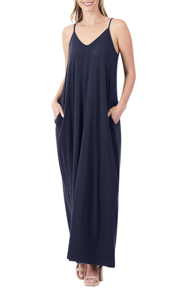 Zenana V-Neck Cami Spaghetti Strap Maxi Dress - Dresses sb_dresses