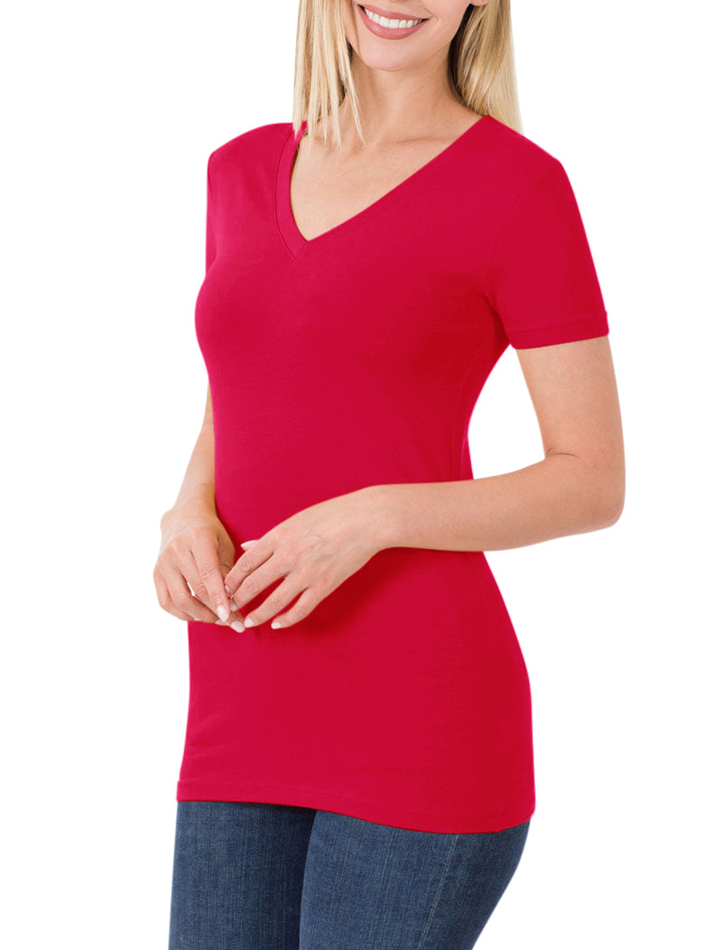 Zenana Cotton V-Neck Short Sleeve Long Tee Shirt - Shirts sb_tops