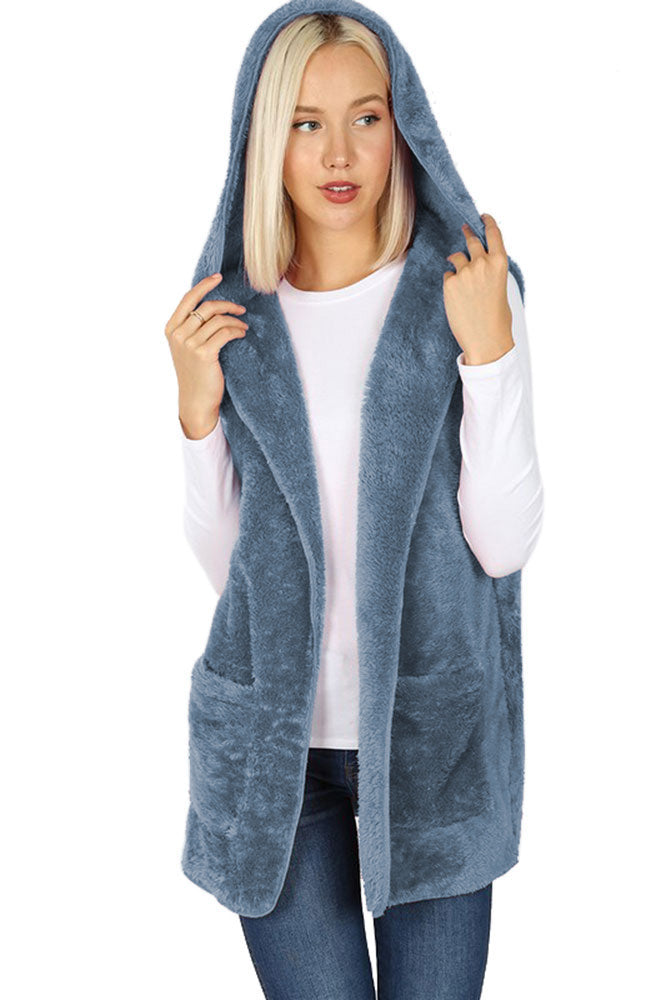 Zenana Sleeveless Faux Fur Hooded Vest - sb_outerwear