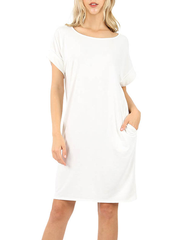 Zenana Rolled Short Sleeve Loose Tunic Shirt Dress - Tunics sb_dresses