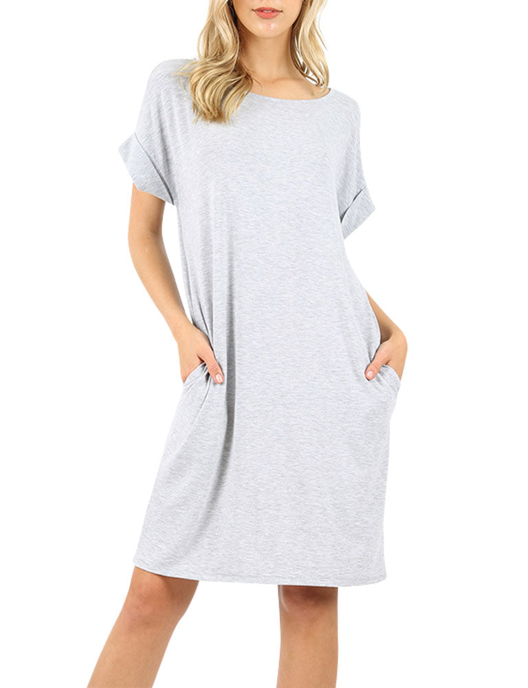 Zenana Rolled Short Sleeve Loose Tunic Shirt Dress - Tunics sb_dresses