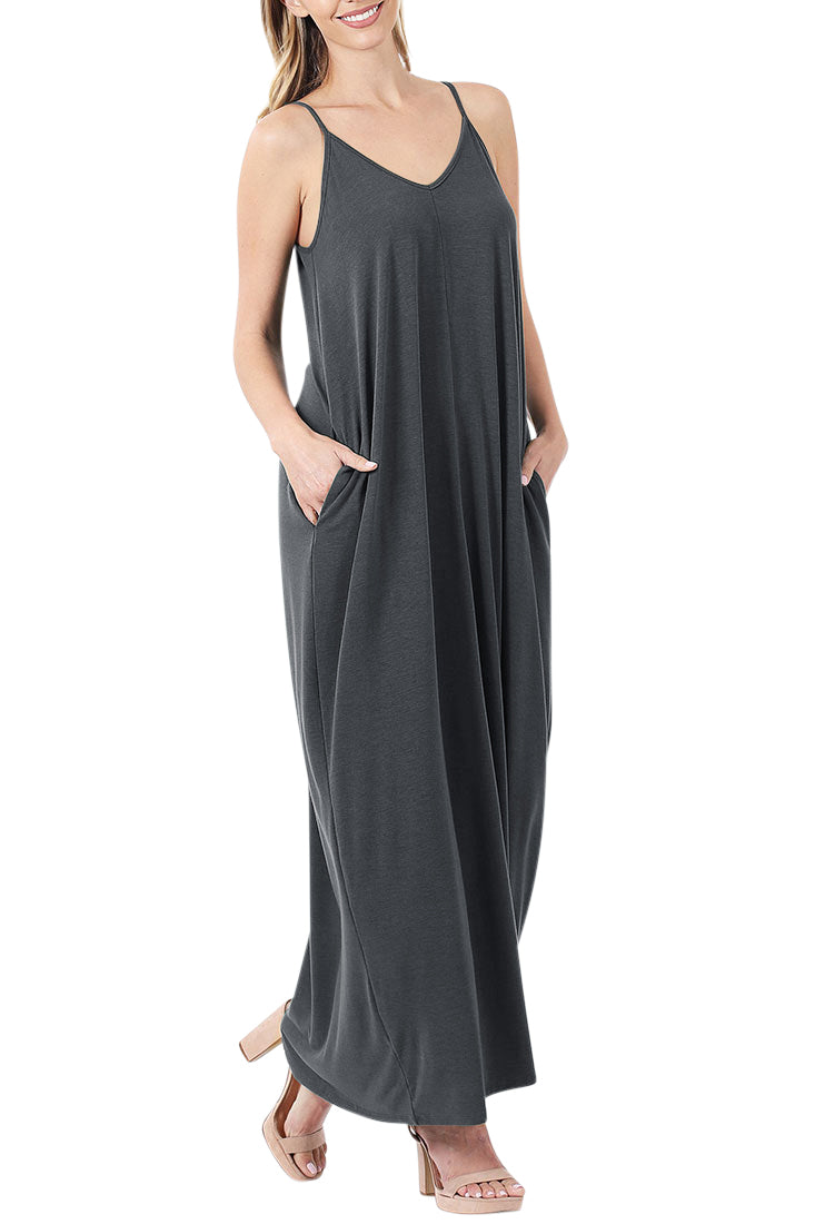 Zenana V-Neck Cami Spaghetti Strap Maxi Dress - Dresses sb_dresses