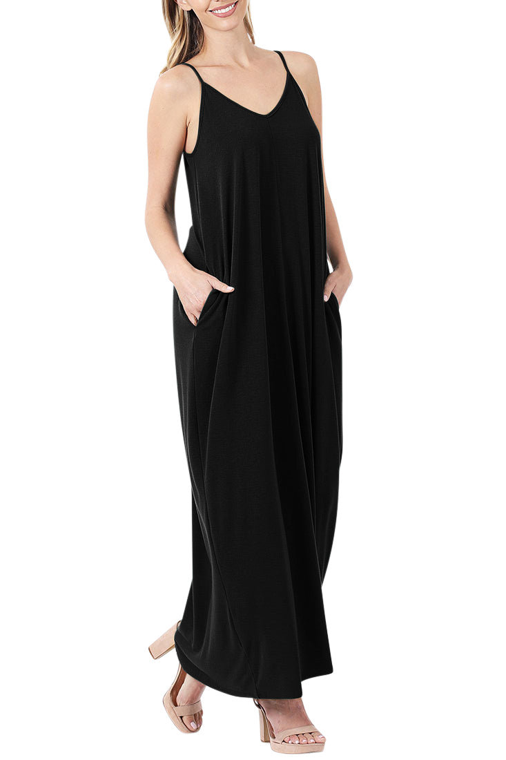 Zenana V-Neck Cami Spaghetti Strap Maxi Dress - Dresses sb_dresses