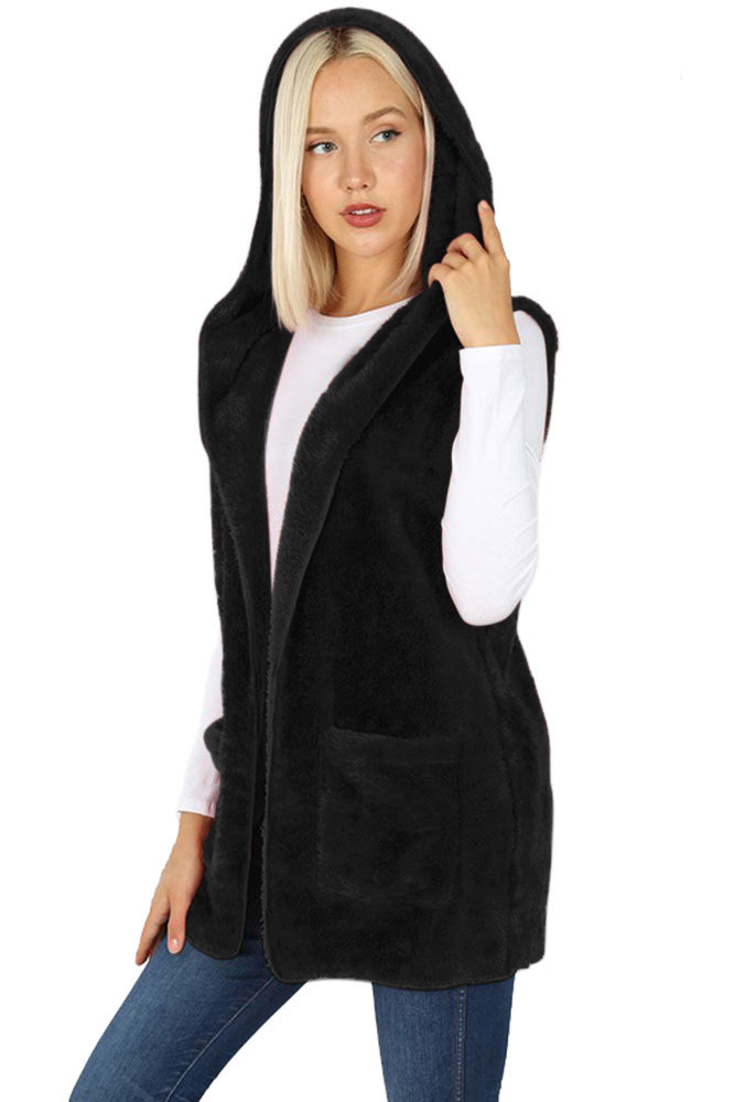 Zenana Sleeveless Faux Fur Hooded Vest - sb_outerwear