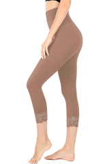 Zenana High Waist Seamless Nylon Capri Lace Trim Leggings - sb_bottoms