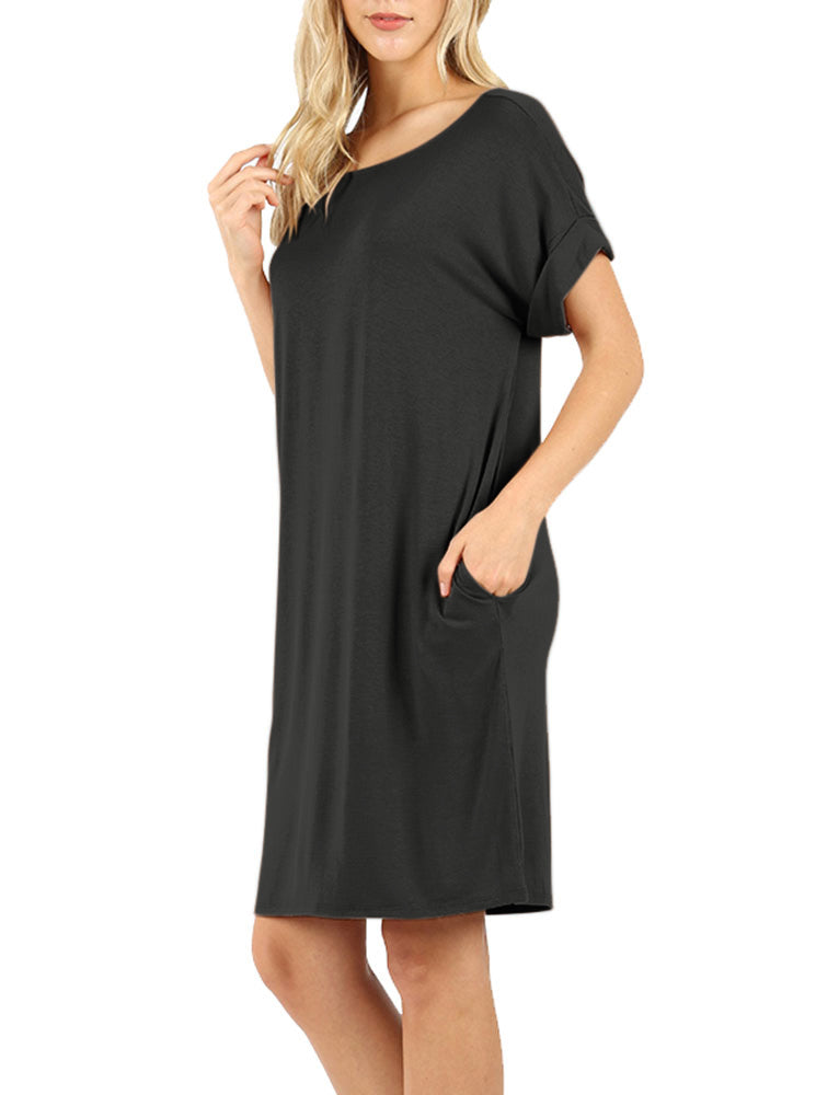 Zenana Rolled Short Sleeve Loose Tunic Shirt Dress - Tunics sb_dresses
