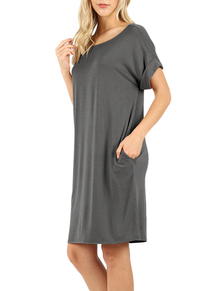 Zenana Rolled Short Sleeve Loose Tunic Shirt Dress - Tunics sb_dresses