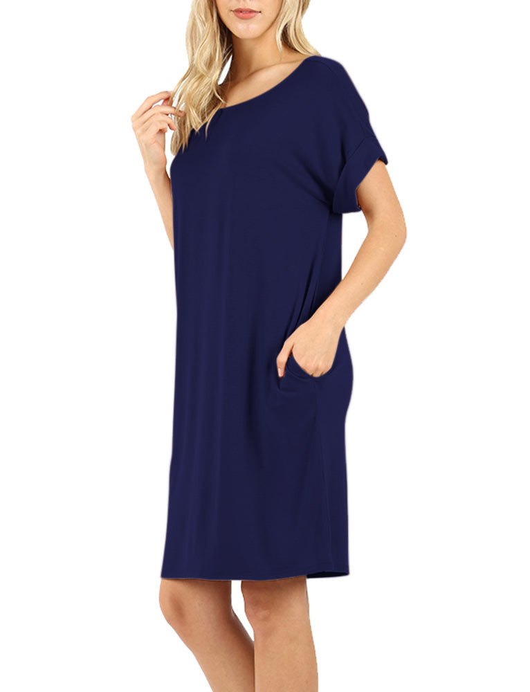 Zenana Rolled Short Sleeve Loose Tunic Shirt Dress - Tunics sb_dresses