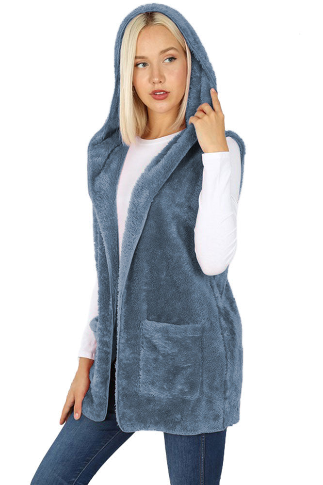 Zenana Sleeveless Faux Fur Hooded Vest - sb_outerwear