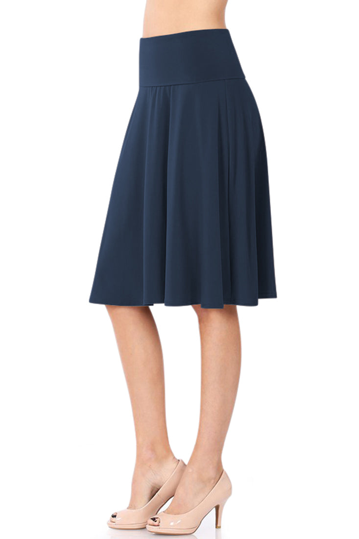 Zenana High Waist Fold Over A-Line Flared Midi Swing Skirt - Skirts sb_bottoms