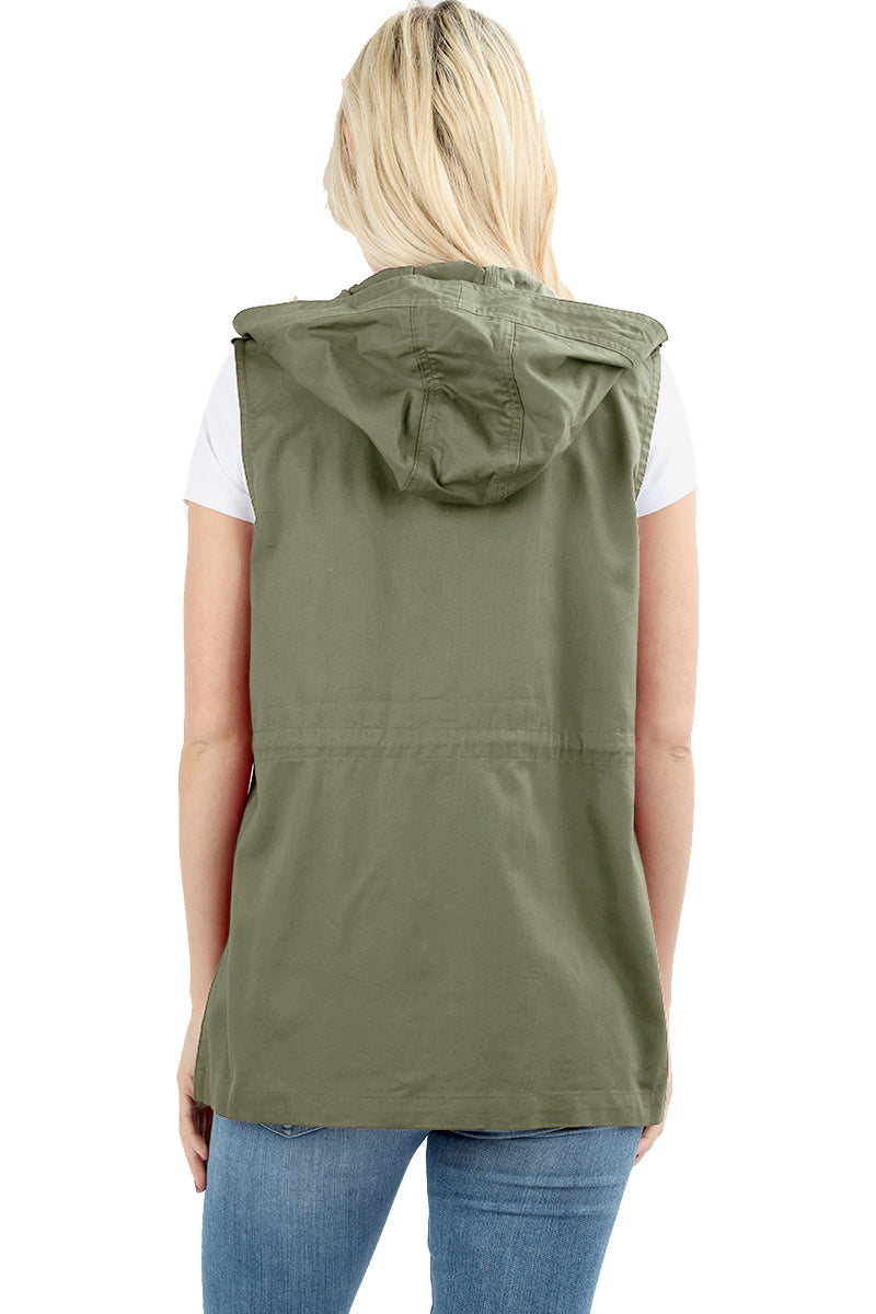 Zenana Sleeveless Utility Hoodie Military Vest - Vests sb_outerwear