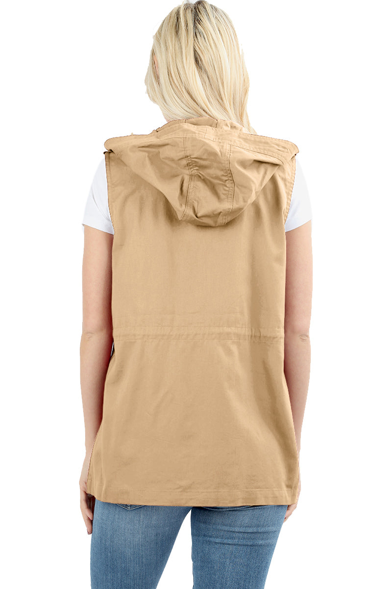 Zenana Sleeveless Utility Hoodie Military Vest - Vests sb_outerwear