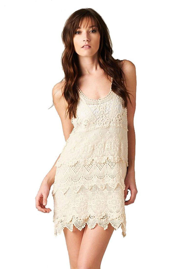 Textured Layered Sleeveless Scallop Crochet Lace Dress (Natural) Rompers- Niobe Clothing